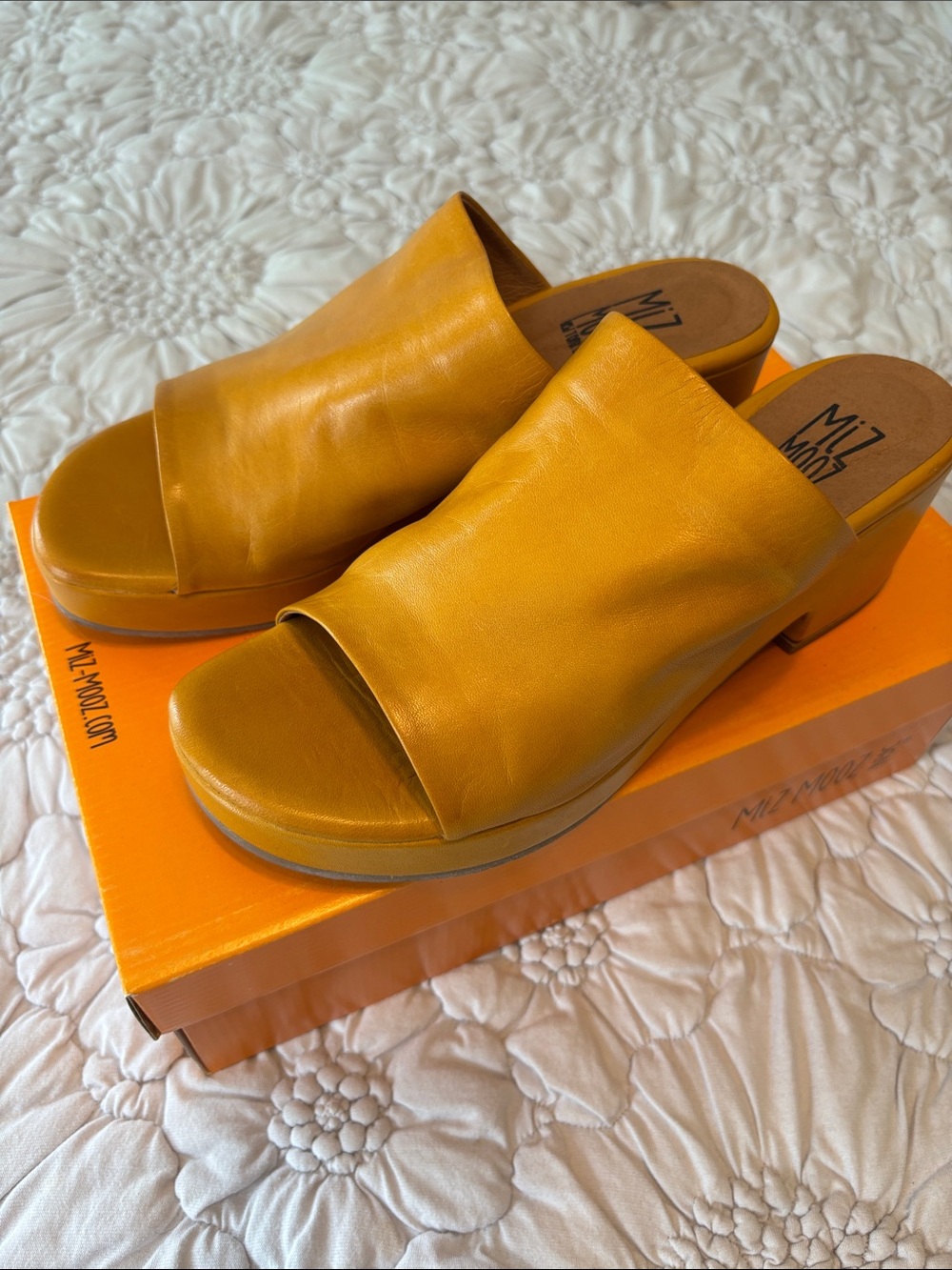 Miz Mooz Yellow Leather Open-Toe Slide Mules